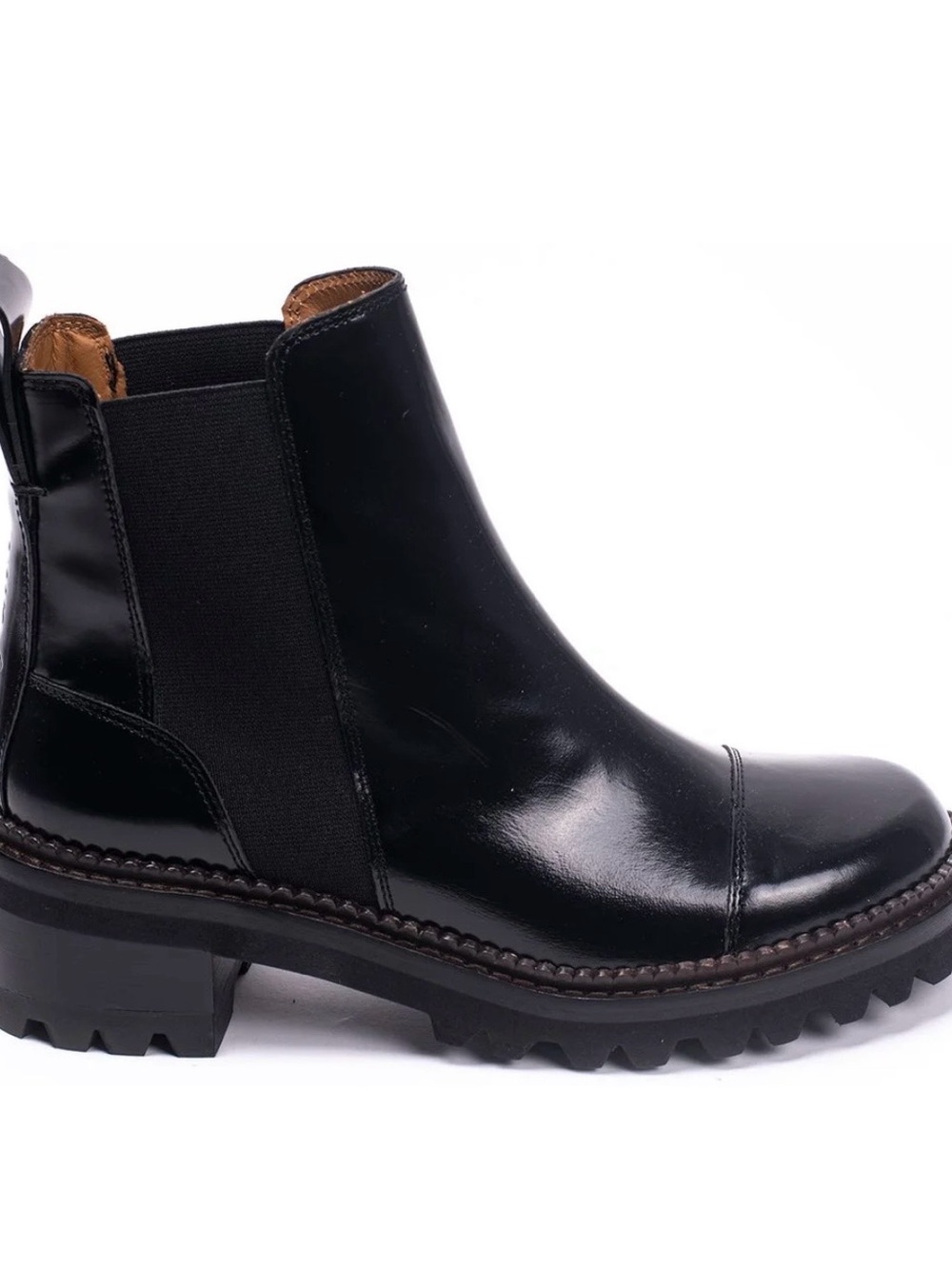 See By Chloé Mallory Glossed Leather Chelsea Ankle Boots Black 38.5 - Picture 2 of 11